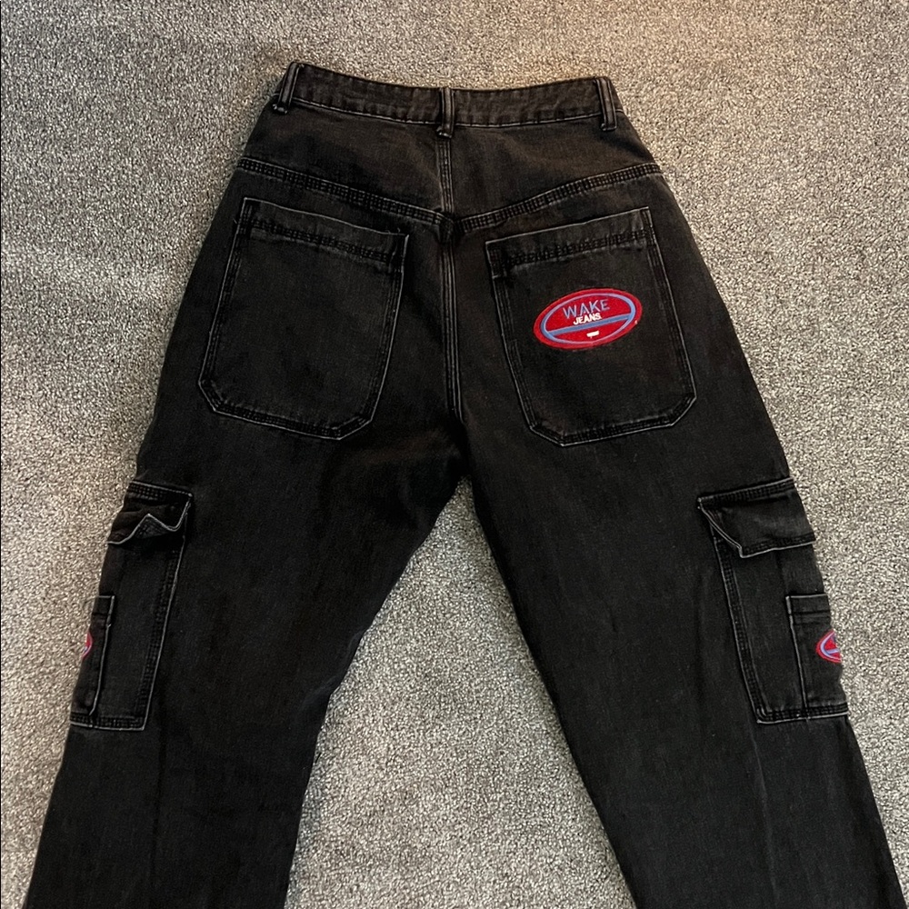 Unisex Black Cargo Wake Jeans Pants with Red Logo Patches - Picture 4 of 5